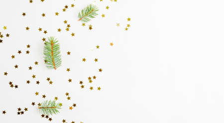 Christmas gold flat lay, composition of confetti and branchesの写真素材