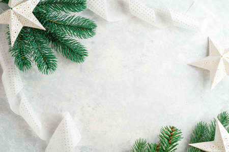 christmas background, christmas tree branches, white and blueの写真素材