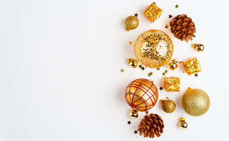 christmas golden background, christmas decoration, cones balls glitterの写真素材
