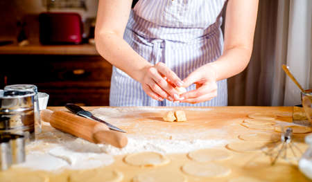 Woman kneads the dough. Kneading the doughの写真素材