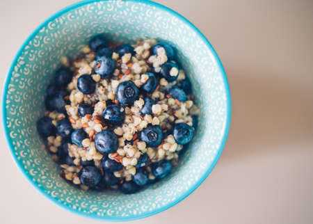 buckwheat porridge with fruits, the concept of a healthy breakfast, diet, veganismの写真素材