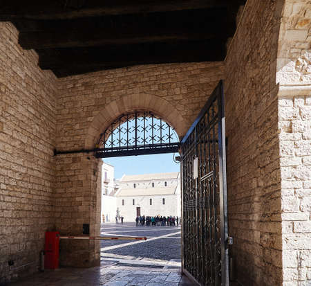 May 1, 2019, Bari, St. Nicholas Church, Apulia, Italy. Cathedral courtyard, gate, space around the...