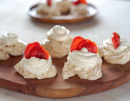 Pavlova dessert, the meringue with strawberriesの写真素材