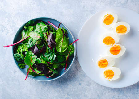 green salad with egg in a blue bowl on a blue backgroundの写真素材