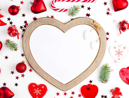 Flat lay Christmas composition with holiday ornament on white background. Top view.の写真素材