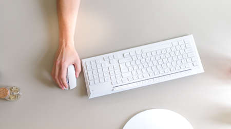 the developer works at the computer, uses the mouseの写真素材