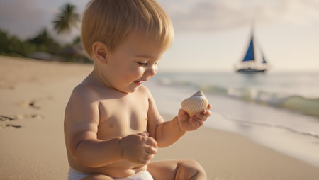Cute baby boy playing with seashell on the beach at sunsetの素材