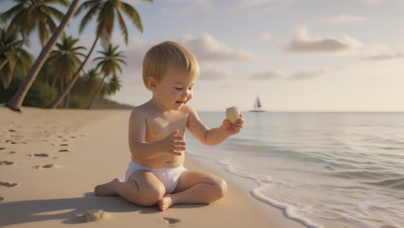Cute little baby boy playing with seashells on tropical beachの素材