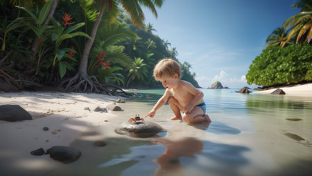Cute little boy playing with stones on tropical beach, shallow depth of fieldの素材