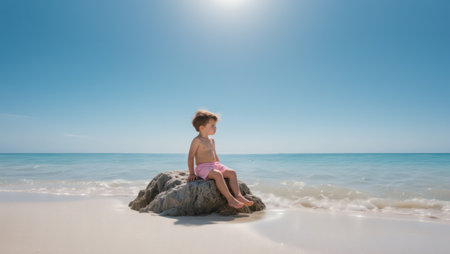 Little girl sitting on a rock on the beach. Summer vacation conceptの素材
