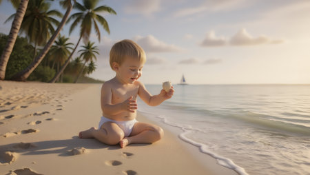 Adorable baby boy on tropical beach playing with sand and seashellの素材