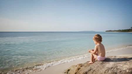 Little girl sitting on a rock at the beach and looking at the seaの素材