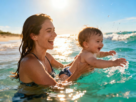 Mother and baby playing in the sea. Happy family having fun on the beachの素材