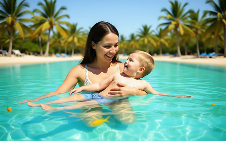 happy mother and baby in swimming pool at summer vacation. Focus on womanの素材