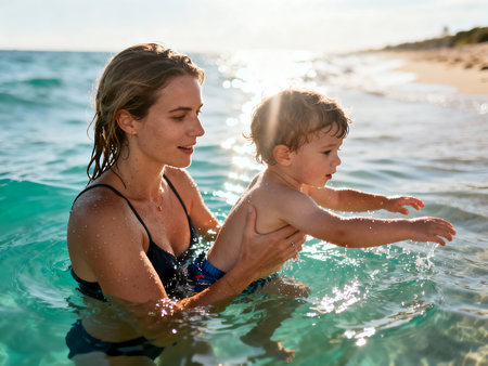 Mother and son playing in the water on the beach at sunset.の素材