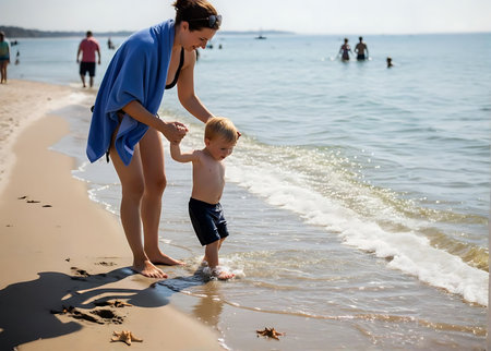 Mother and son playing on the beach in the summer. Happy familyの素材