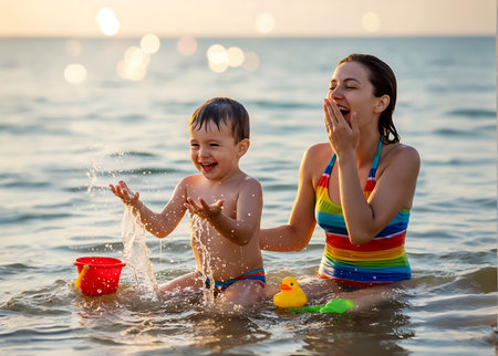 Happy mother and son playing on the beach at the day time. Concept of friendly family.の素材