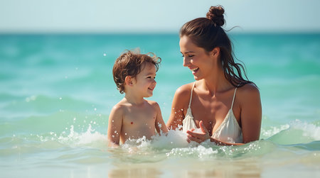 Happy mother and son having fun on the beach. Positive human emotions, feelings.の素材