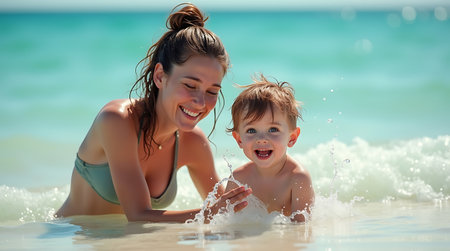 Mother and son playing in water on the beach at the day timeの素材