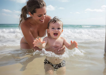 Portrait of happy mother and baby playing in water on the beachの素材