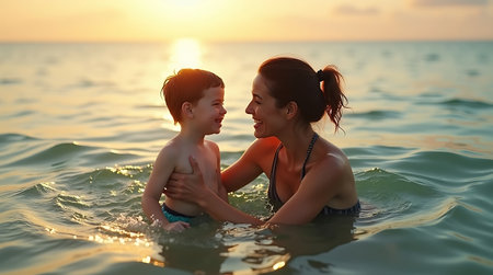 Mother and son swim in the sea at sunset. The concept of friendly family.の素材