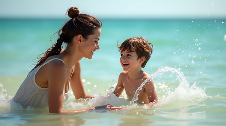 Mother and son playing in the water at the beach. Summer vacation conceptの素材