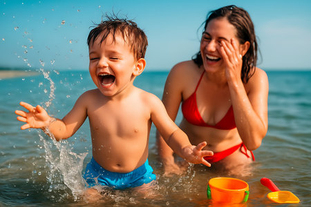 Happy mother and son playing in the water on the beach. Concept of friendly family.の素材