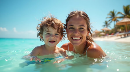 Mother and son having fun in swimming pool at tropical beach during summer vacationの素材
