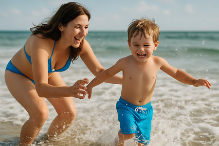 Happy mother and son having fun on the beach. Positive human emotions, feelings.の素材