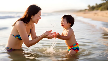 Asian mother and her son having fun on the beach at sunset timeの素材