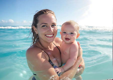 Happy mother with her baby in the sea. Family vacation concept.の素材