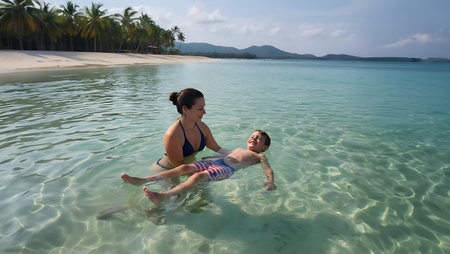 Mother and son having fun on the beach at Seychellesの素材