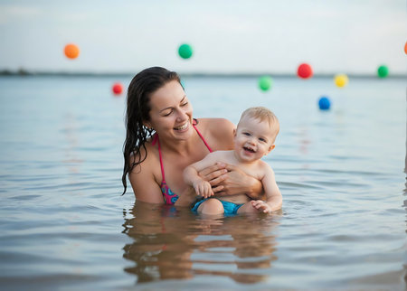 Happy mother and baby playing in the water on the beach. Summer vacationの素材