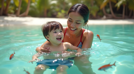 Portrait of mother and baby playing with fishes in swimming pool at tropical resortの素材