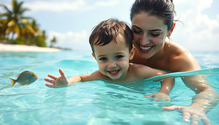 Mother and son playing in swimming pool on tropical beach. Summer vacation conceptの素材