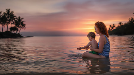 Young mother and her little son enjoying the sunset on the beach.の素材