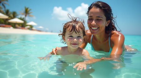 Portrait of happy mother and baby in swimming pool at tropical resortの素材