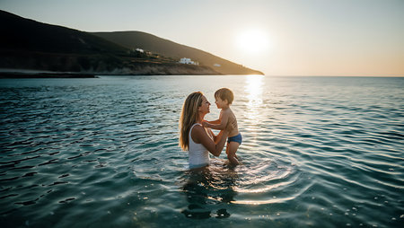 Mother and son playing in the sea at sunset. Family vacation concept.の素材