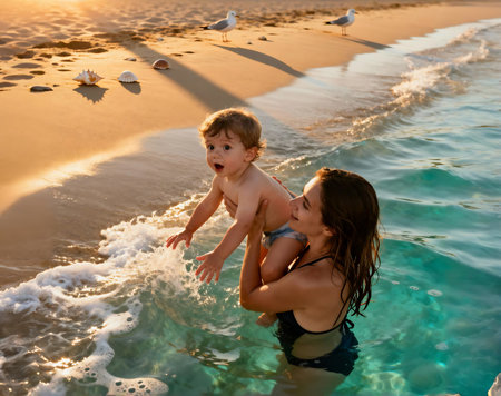 Mother and son playing in the sea on the beach at sunset.の素材