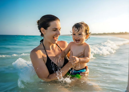 Happy mother and baby having fun on the beach at the day time. Concept of friendly family.の素材