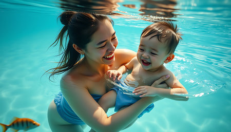 Happy mother and baby playing in swimming pool with water and having funの素材