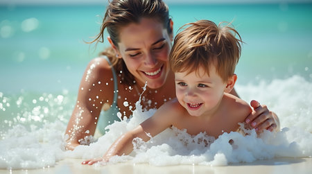 Mother and son playing in the water on the beach. Happy family.の素材