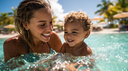 Portrait of mother and son in swimming pool on a sunny dayの素材