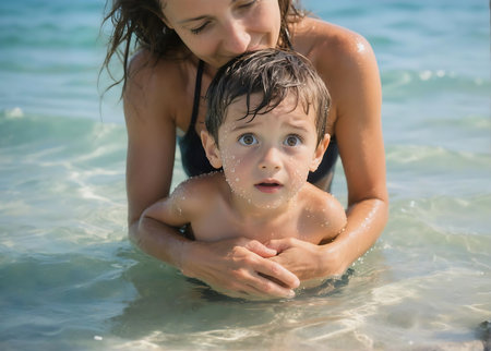 Mother and son playing in the water on the beach. Happy family.の素材
