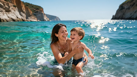 Mother and son playing in the sea. Happy family having fun on the beachの素材