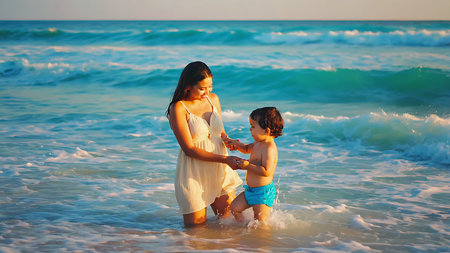 Mother and son playing on the beach at the day time. Concept of friendly family.の素材