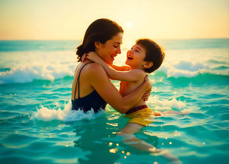 Mother and son playing in the sea at sunset. Concept of friendly family.の素材
