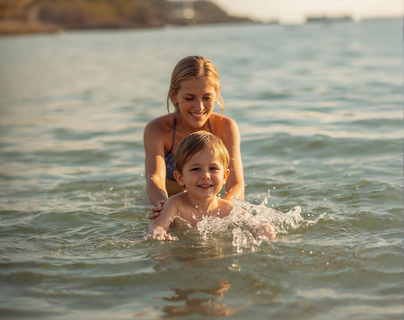 Mother and son having fun in the sea at sunset. Happy family concept.の素材
