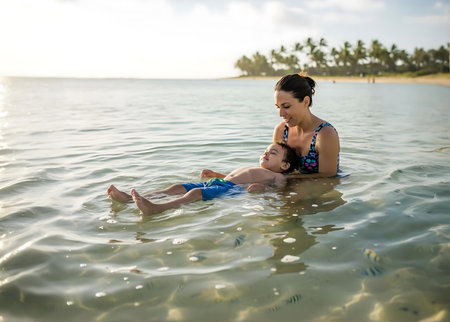 Mother and daughter swimming in the sea at sunset. Concept of friendly family.の素材
