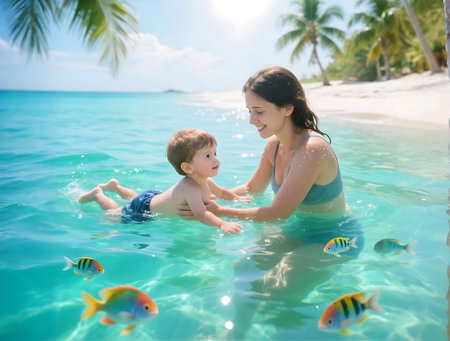 Mother and son playing in the water at tropical beach. Summer vacation conceptの素材